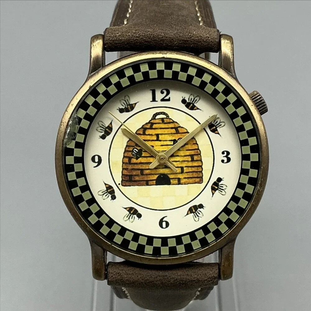Womens Watch 33mm Beehive Bees Dial Gold Tone Brown Leather New Battery